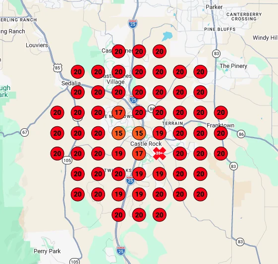 LeadSnap rank map before: nearly every pin across Castle Rock is red, ranked 15 to 20 or lower